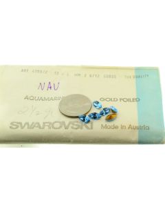 Swarovski 4200/2 Navette Rhinestones 10mm x 5mm Aqua Pointed Back Gold Foiled  - 2 Pcs