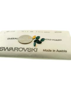 Swarovski 4200 Navette Rhinestones 10mm x 5mm Emerald Pointed Back Gold Foiled  - 2 Pcs