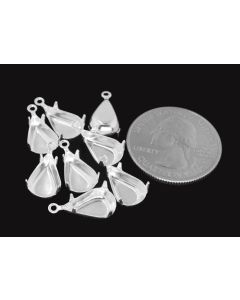 Sterling Silver Plated Brass Settings Pear 1-Ring Regular Closed Back Prong, Connector 13mm x 7.8mm - 6 pcs