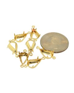 14K Gold Plated Brass Settings Pear 2-Rings Regular Open Back Prong, Connector 13mm x 7.8mm - 6 pcs
